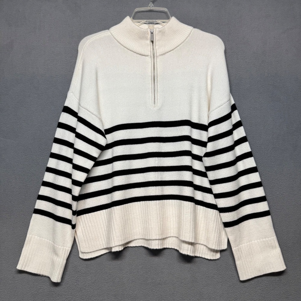 DKNY Jeans Quarter Zip Striped Sweater L White Ivory Black Nautical Preppy Cozy